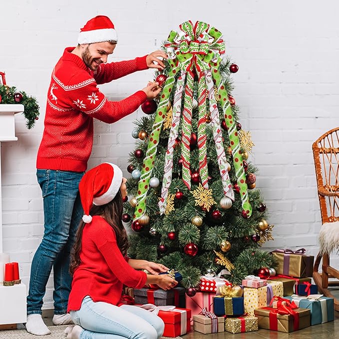 Christmas Tree Topper Wreath Bow, 53 X 13 Inch Large Green Christmas Bows Red Green Dot Xmas Bow Tree Decorations, Christmas Bows for Tree Indoor Outdoor Home Front Door Party Decor