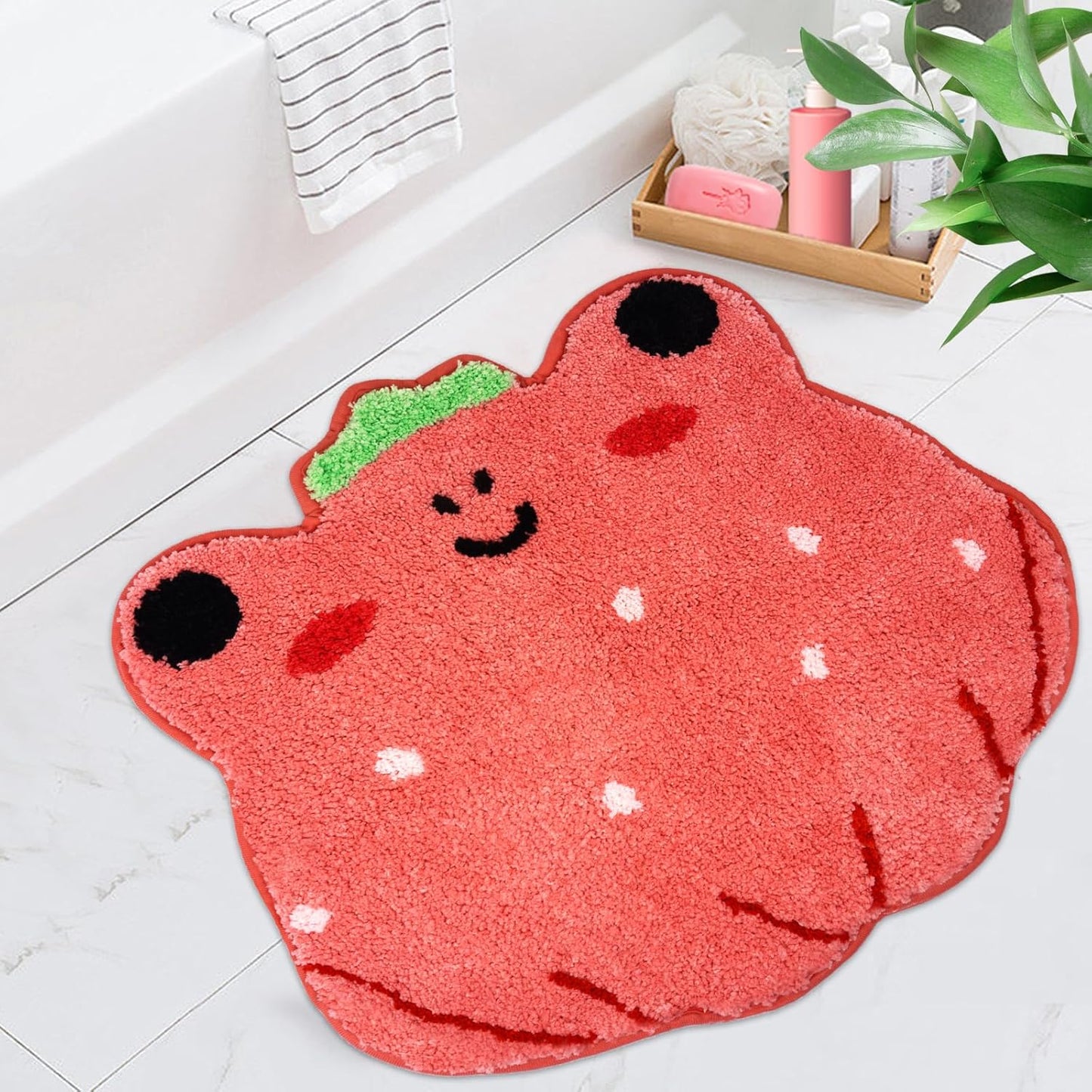 Bathroom Rug 20×22, Frog Bath Mat Rug Soft Absorbent Microfiber Bathroom Mats, Non-Slip Washable Strawberry Rug Door Mat, Cute Bath Mat for Shower Sink, Tub, Bathroom Decor