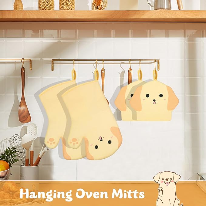 Oven Mitts and Pot Holders 4 Pcs Set,Cute Dog Oven Mitts and Potholder, Heat Resistant Long Kitchen Cotton Oven Glove for Cooking Baking,Gifts for Dog Lovers(Yellow)