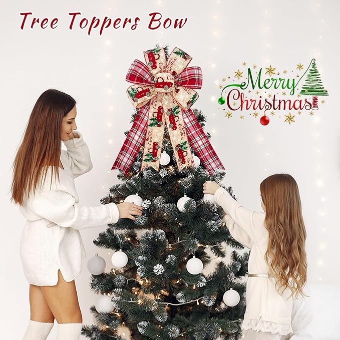 Large Christmas Bows for Wreaths, Christmas Bows for Tree Topper Red Truck Buffalo Plaid Bow, Merry Christmas Wreaths Bow for Door Outside Home Decoration Ornament Supplies