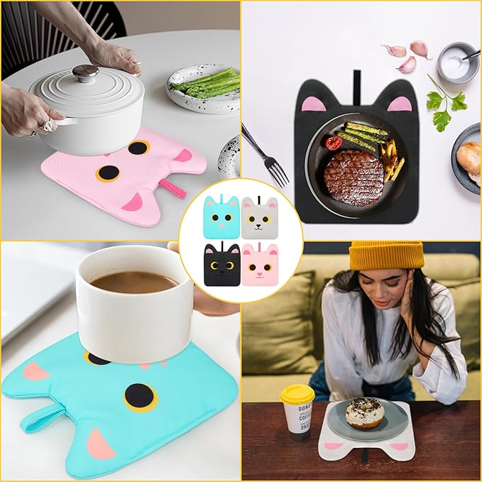 4 Pack Pot Holders for Kitchen,Cute Hot Pads for Kitchen,Cat Design Heat Resistant Potholder,Oven Pot Holders with Hook,Potholders Sets for Cooking,Baking(4-Colors Cat)