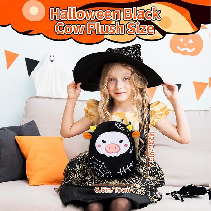 Cow Plush, Cute Cow Stuffed Animal, 7.5Inch Black Cow Plushie with Spider Web, Soft Cow Plush Pillow Toys, Great Birthday for Kids Home Decoration