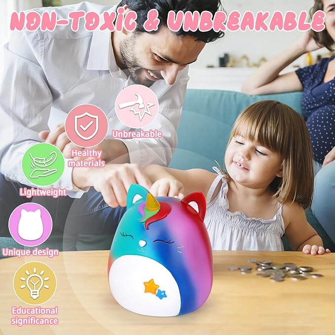 Piggy Bank Girls, 6.5Inch Unbreakable Unicorn Coin Money Bank with DIY Stickers, Cute Plastic Piggy Bank for Kids Adults Great Gifts for Birthday, Baby Shower, Home Decor