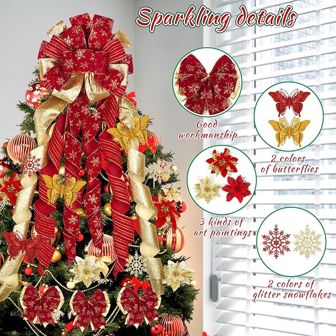 Christmas Tree Topper Bow Set, 37PCS Red and Gold Christmas Decorations with Poinsettias Flowers Snowflake Butterflies, 55 X 14inch Large Christmas Bow Set for Indoor Xmas Party Decoration