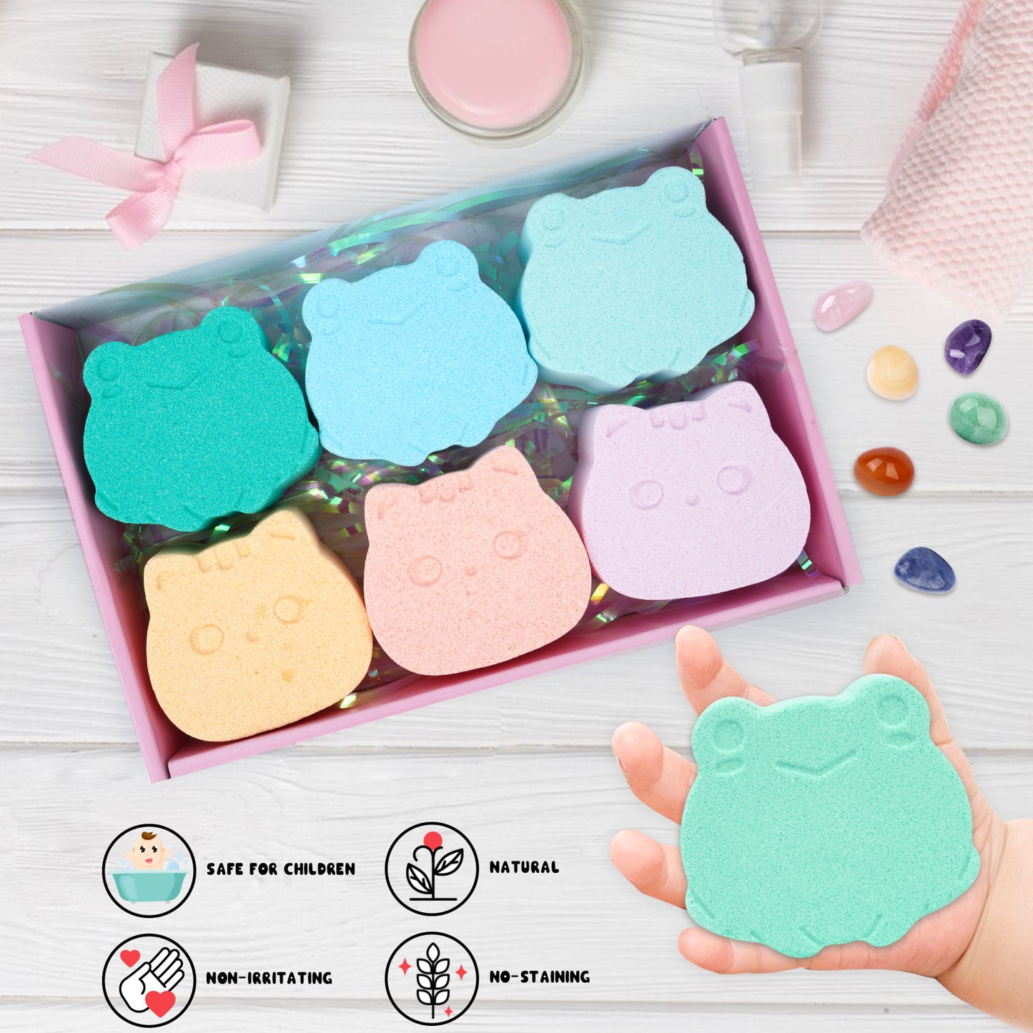 Kids Bath Bombs with Surprise Inside, 6pcs Bath Bombs for Kids with Stones, Crystals and Gemstones, Frog and Cat Shape Kids Bath Bombs Gift Set Kid Toys for Boys and Girls