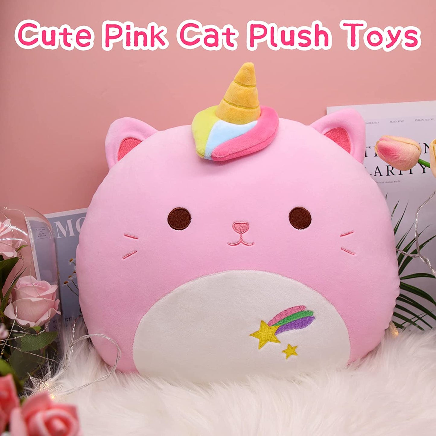 Cat Plush Pillows Toys, 13.5" Kawaii Cat Stuffed Animals for Kids Girls, Cute Pink Cat Plushie Cat Pillow Stuffed Cat Toys for Birthday Christmas Decoration