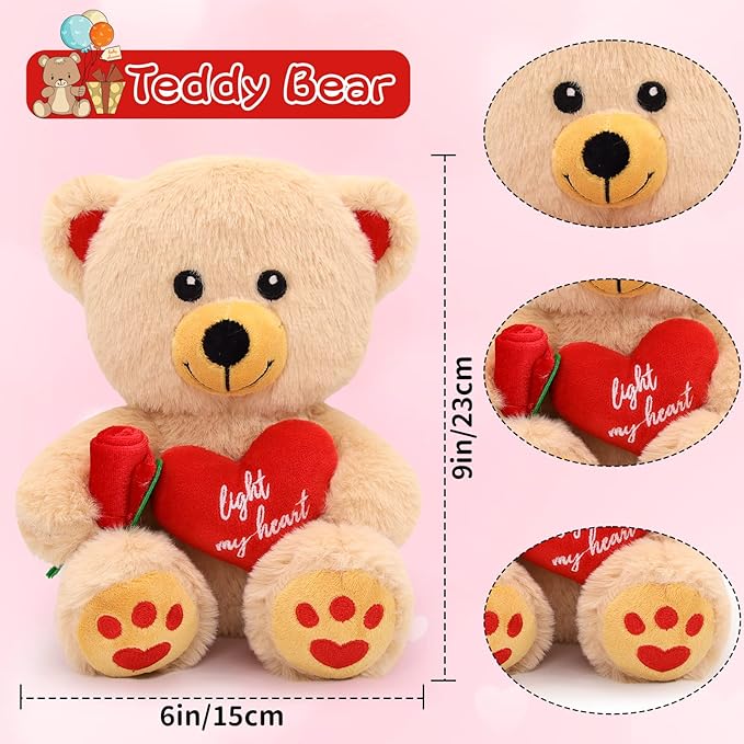 Teddy Bear Stuffed Animals for Girlfriend, 9“ Red Heart Brown Teddy Bear Plush with Rose Toy, Cute Valentines Day Stuffed Animals Bear Gifts for Kids Boyfriend Wife Women…