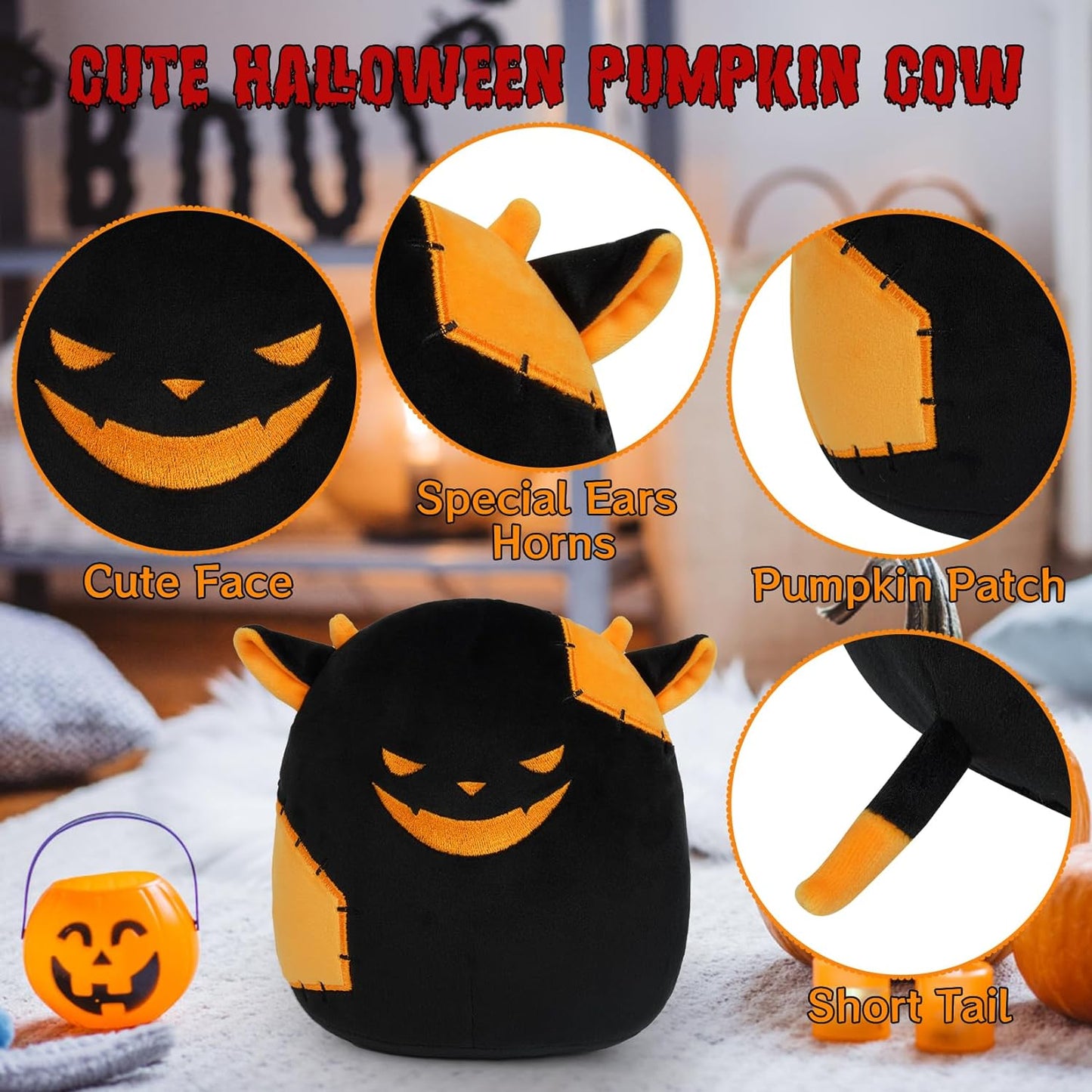 Halloween Plush Cow Stuffed Animals, Cute Soft Cow Plush Pillow Cow Plushies, Kawaii Stuffed Cow Toy Cow Plush Doll for Kids Girls Boys Decorations