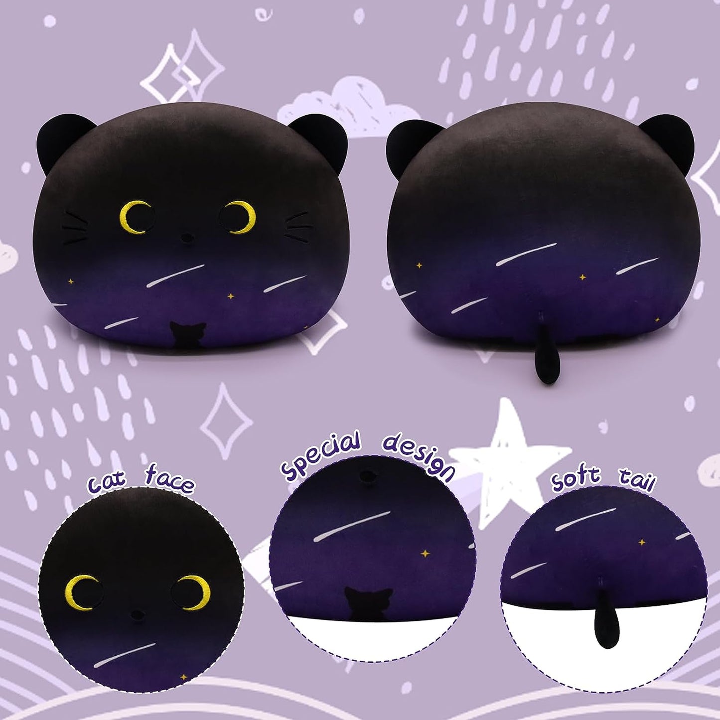 Black Cat Plush Pillows Toy, Kawaii Black Cat Stuffed Animals for Kids Birthday Christmas