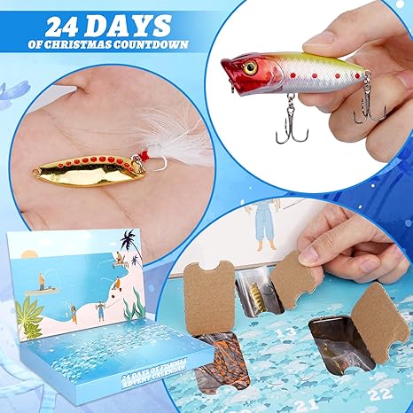 Fishing Advent Calendar 2024, 24 Day Christmas Countdown Fishing Lure Kit Adults Men Teens Boys, Fishing Lure Advent Calendar with Popper Minnow VIB Fishing Bait,Christmas Gift