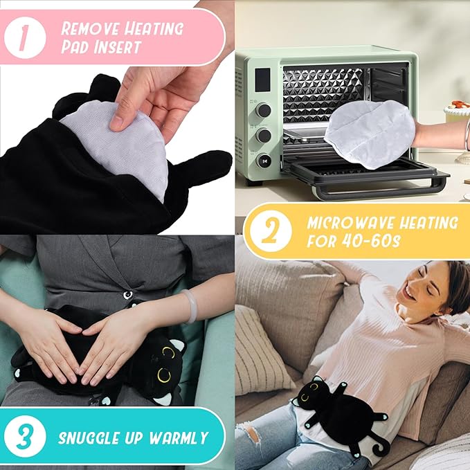 Microwave Heating Pad for Women & Kids, Soft Black Cat Microwavable Period Menstrual Heating Pads, Cute Heatable Warm Stuffed Animal Plush Pillow, Hot & Cold Plushie Toy Gift for Girls