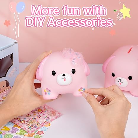 Piggy Bank for Girls,Unbreakable Plastic Puppy Money Bank with DIY Stickers and Rhinestone Bow Tie,Cute Coin Bank for Kids Birthday (Pink)