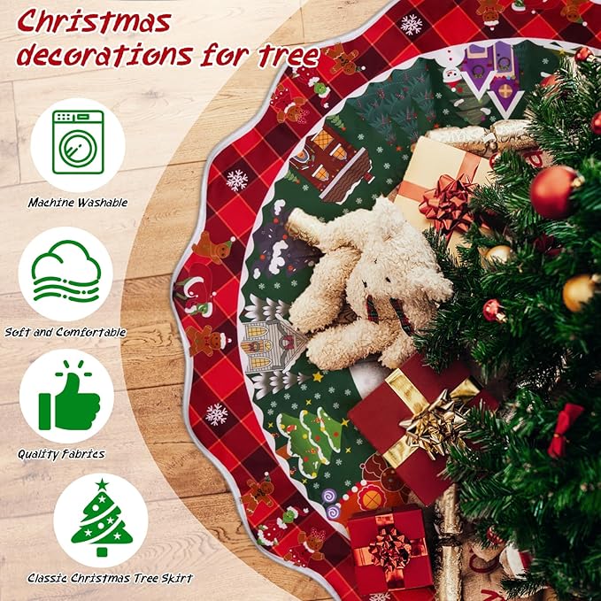 LMTGLDT Christmas Tree Skirt,Christmas Tree Skirt 48 Inches,Green Tree Skirt with Snowflake,Snowman,Xmas Tree,Christmas Tree Decorations for Xmas Home Party Decor