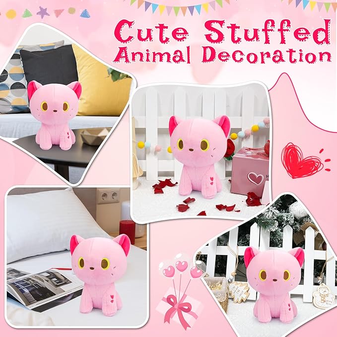 Cat Plush Toy, Cute Pink Cat Stuffed Animals Kawaii Cat Plushie Doll, Creative Soft Stuffed Cat Plush Toys for Kids Boys Girls Birthday Home Decor