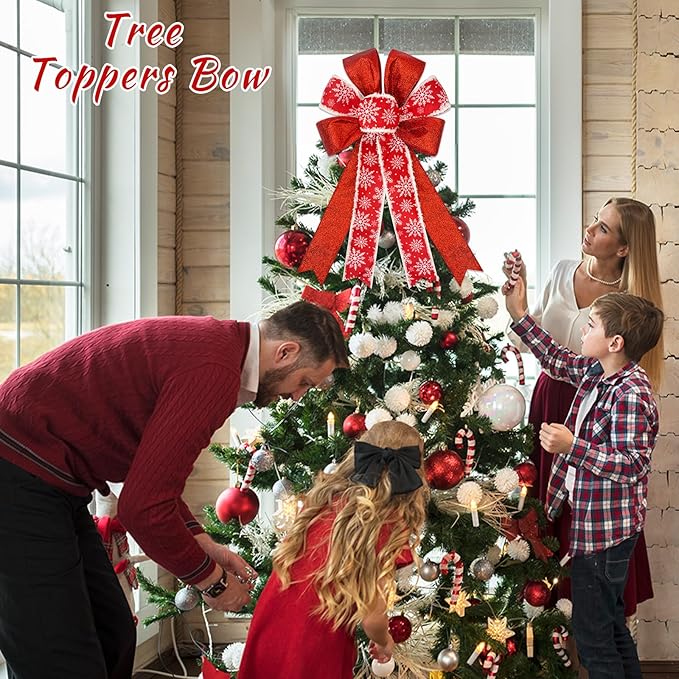 Christmas Wreaths Bows, Glitter Red and White Christmas Bows,Burlap Bows for Tree Topper Large Christmas Bow for Wreaths Frontdoor Wall Christmas Décor Xmas Hanging Ornament