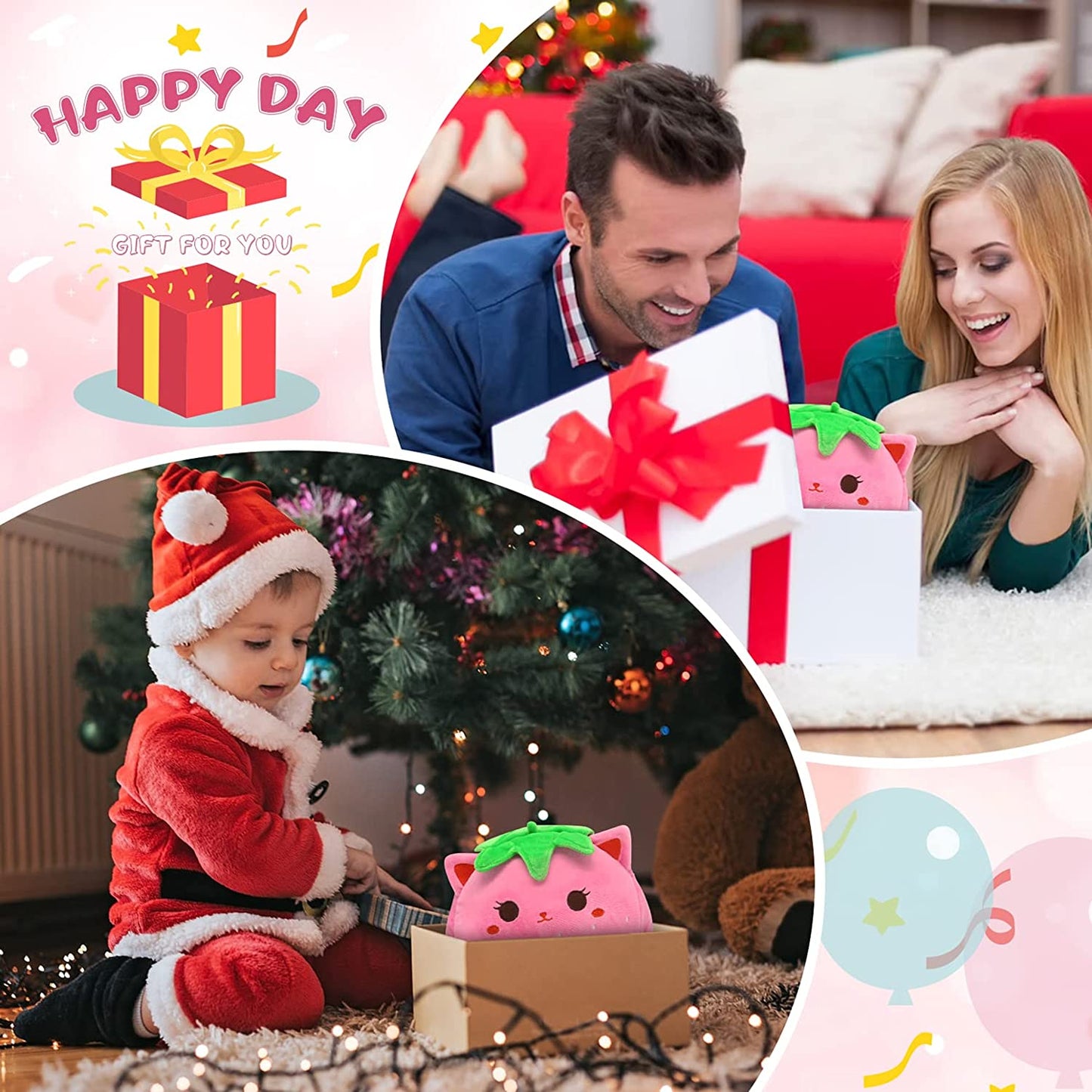 Strawberry Cat Plush - 8 Inch Kawaii Strawberry Cat Pillow, Cute Strawberry Cat Stuffed Animal Plush, Cat Plush Toy Birthday, Party Gift for Kids, Girlfriend and Sisters