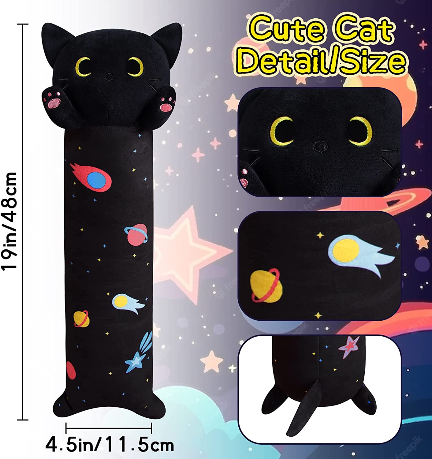 Long Cat Plush Long Cat Body Pillow, 19.5" Cute Long Cat Stuffed Animals,Soft Kawaii Long Cat Plushie, Black Cat Plush Long Space Cat Pillow Stuffed Cat Toys for Kids Birthday