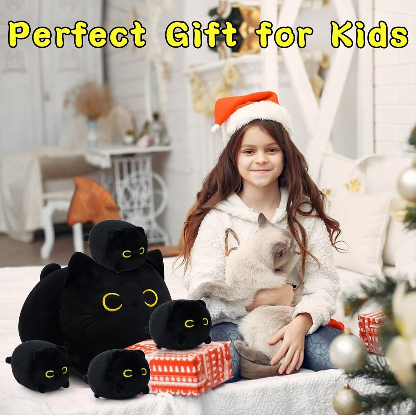 5PCS Black Cat Plush Toy Set, 12inch Cat Plush Pillow and 4 Mini Black Cat Stuffed Animal, Cute Cat Plush Toys for Kids Boys and Girls, Christmas Birthday Valentines