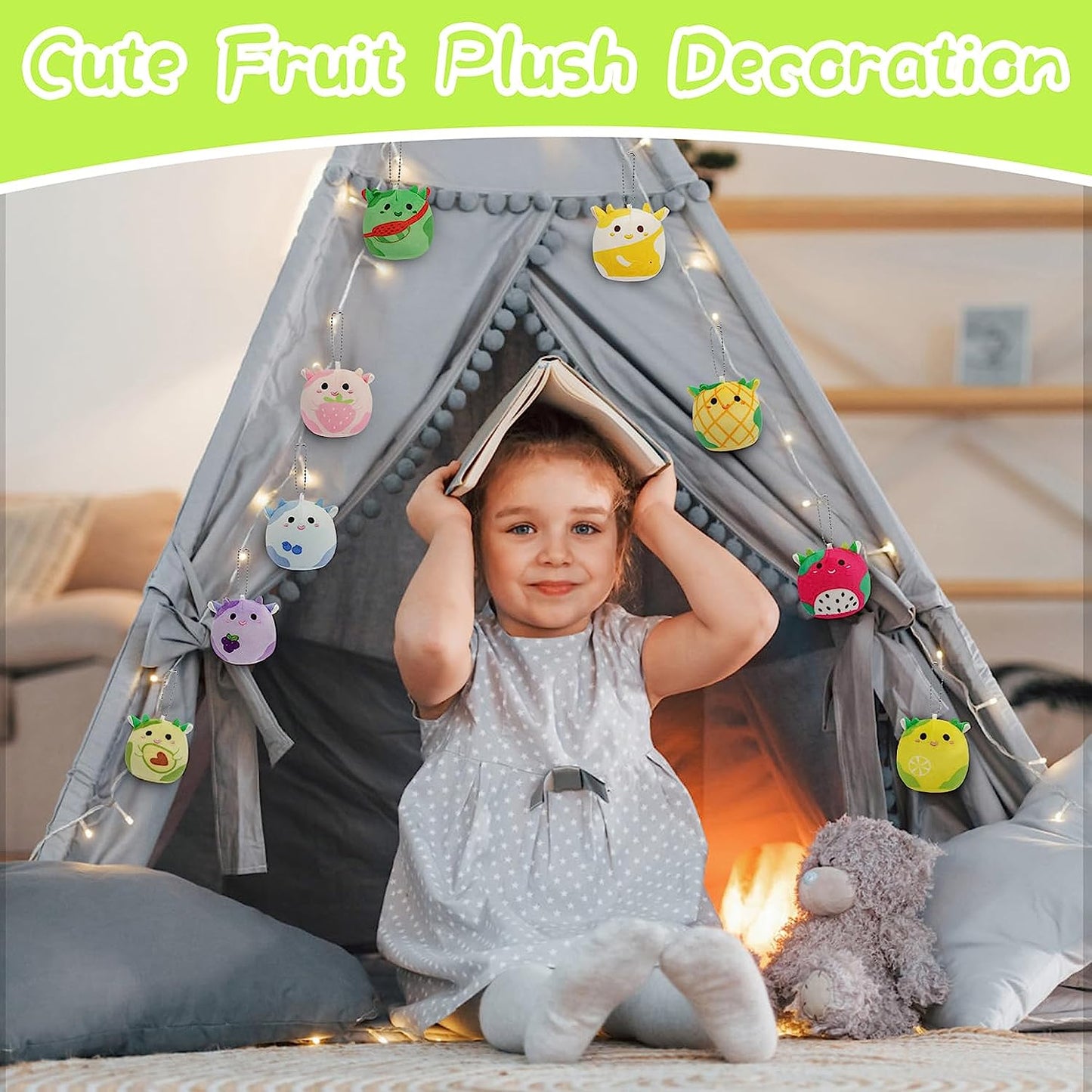 6 piezas de felpa rellena de vaca, felpa colorida de vaca de frutas, mini fresa, arándano, aguacate, sandía, fruta de dragón, llavero de piña para niños, cumpleaños