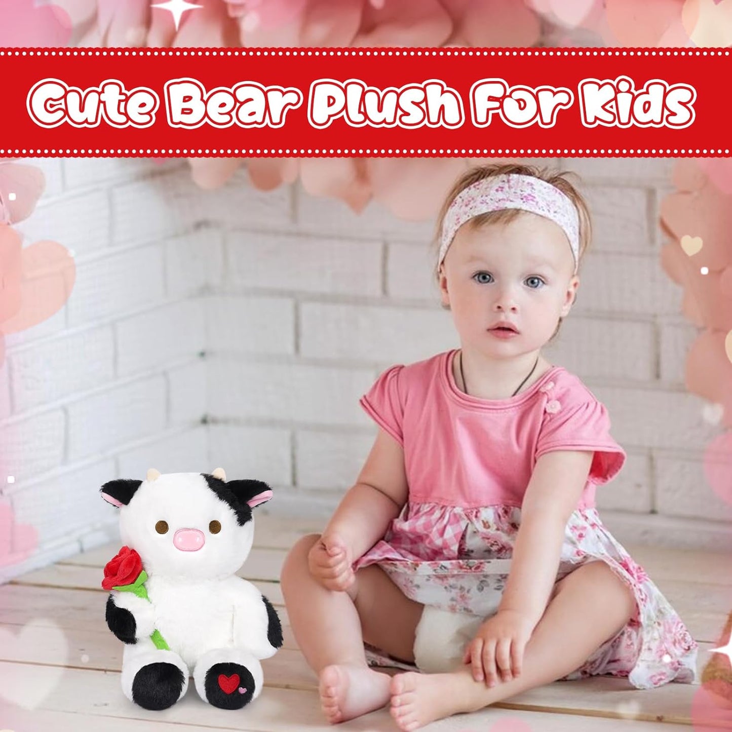 Cute Black Cow Plush Pillow Toy Valentine's Day Plush Cow Doll, Valentine's Cow Stuffed Animal Toys, Valentine's Day Gift for Girlfriends (Pink Cow)