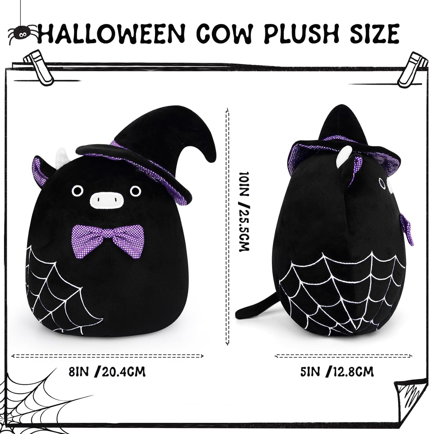 Cow Plush Halloween Witch Plush Pillow Cow Stuffed Animal Toy, Cute Black Witch Cow Plushie Pillow, Soft Plushie Stuff Doll for Kids Kawaii Halloween Decoraition