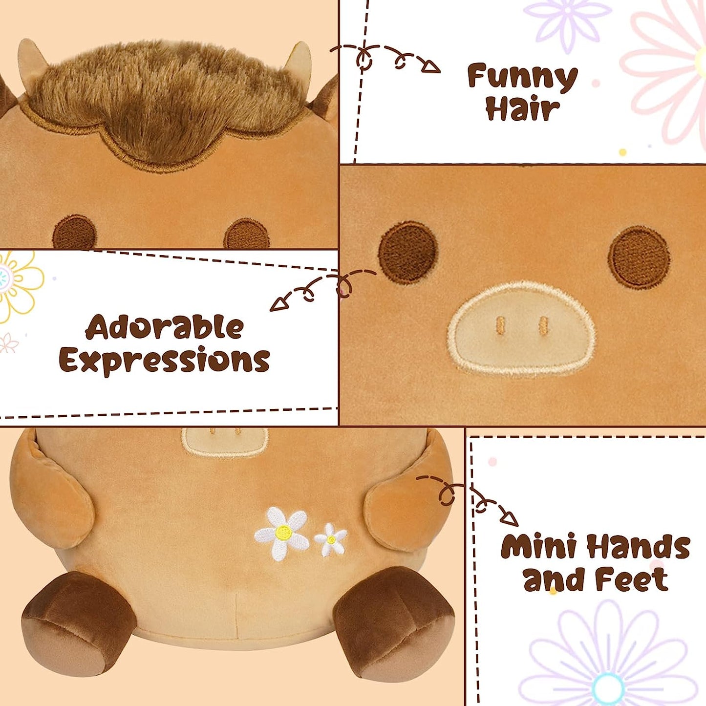 Juguete de peluche de vaca de las tierras altas, lindo juguete de peluche de vaca de las tierras altas de Kawaii, juguete de granja de vaca de las tierras altas de color café de felpa suave, regalo para niños y niñas (café)