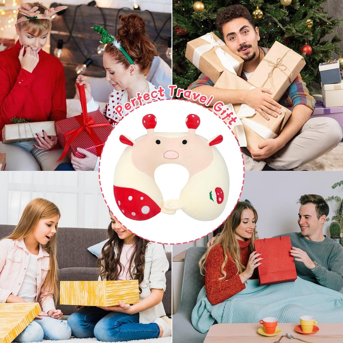 Mushroom Cow Travel Pillow,Memory Foam Travel Pillow for Kids Adult,Travel Essentials Neck Pillow, Soft U-Shaped Neck Pillow for Airplanes,Cars,Long Trips,Home