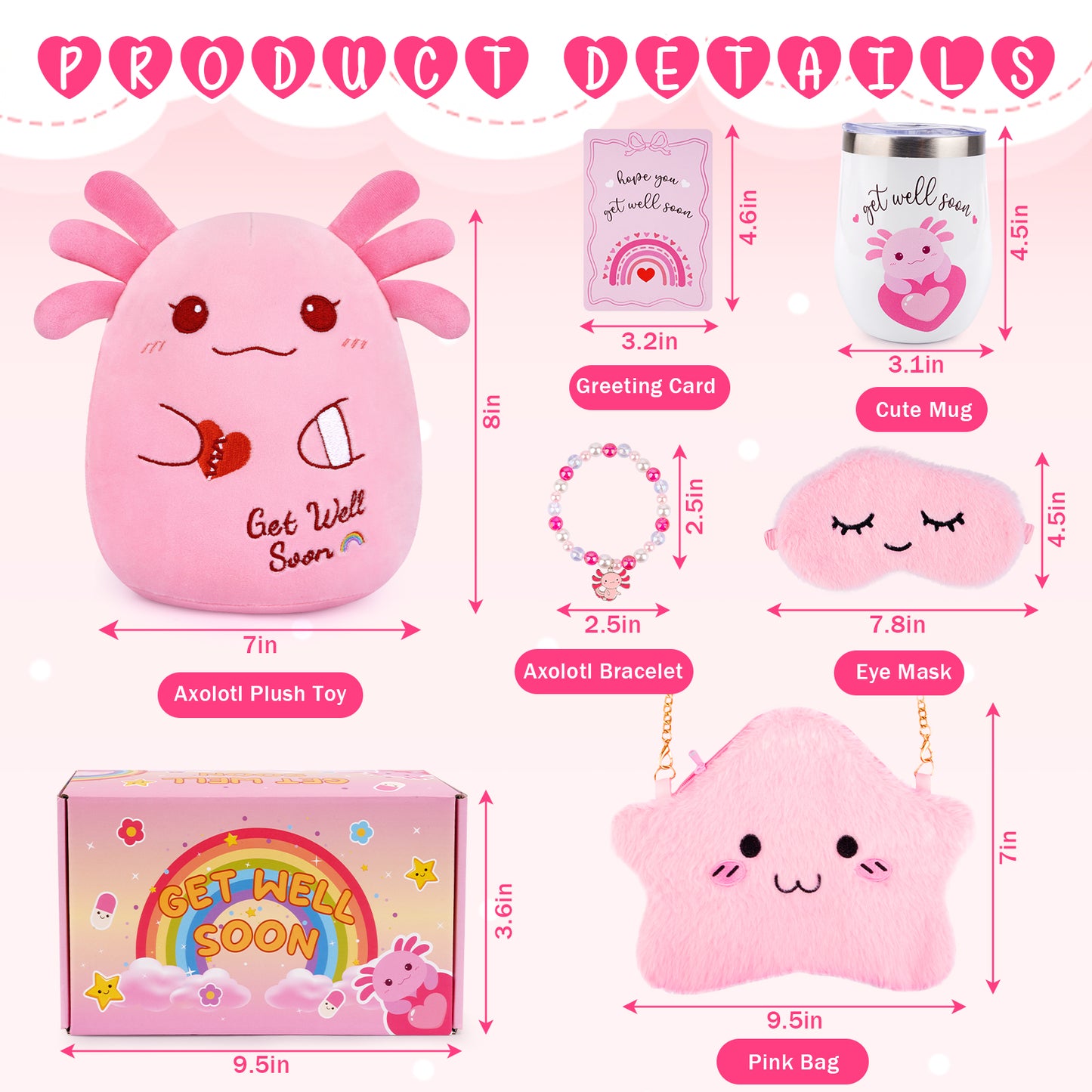 Get Well Soon Gifts for Kids, Get Well Soon Basket with 8inch Get Well Axolotl Plush Toy for Kids, Feel Better Gifts Axolotl Gift Set for Kids Girls Boys After Surgery