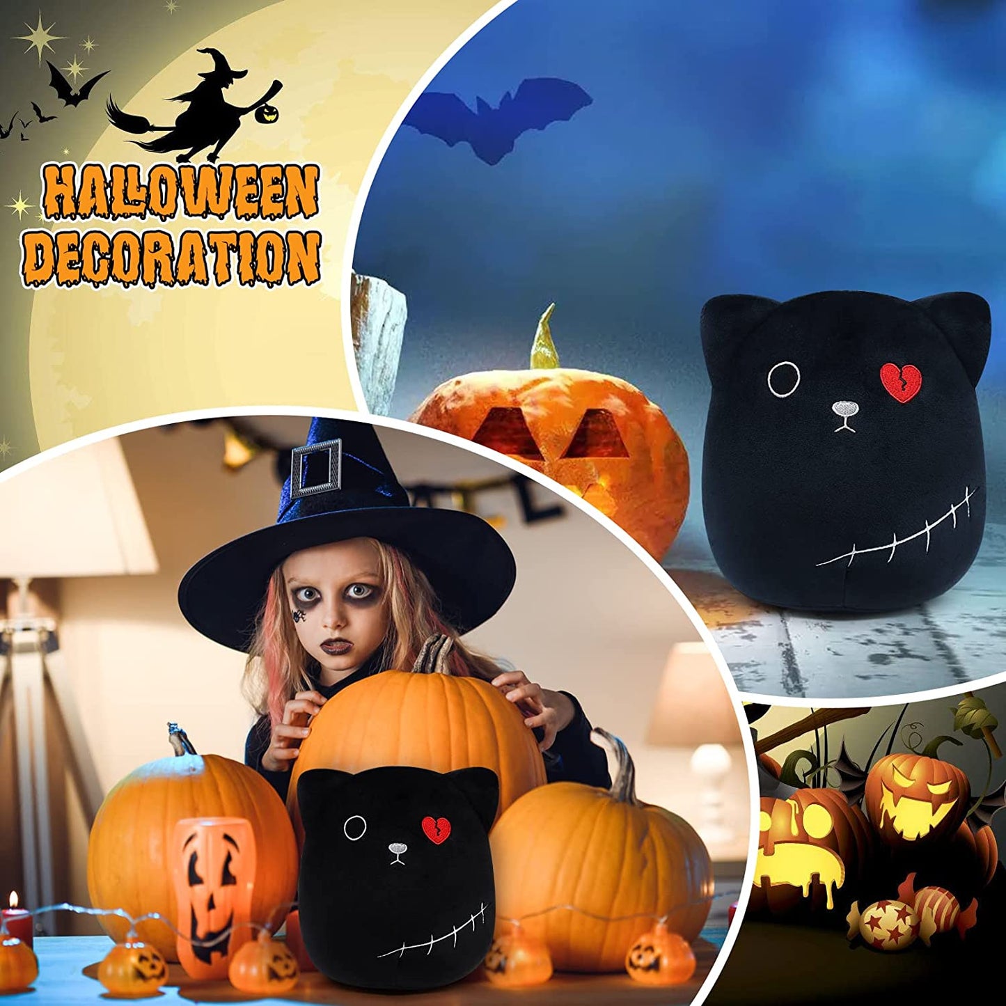 Black Cat Stuffed Animal Plush Doll, Cat Plush Pillow, Cute 3D Cat Shape Toys, Kawaii Cartoon Hugging Gift for Kids Baby Bedding Sleeping, Halloween Home Sofa Decor, Creative Plush Pillow