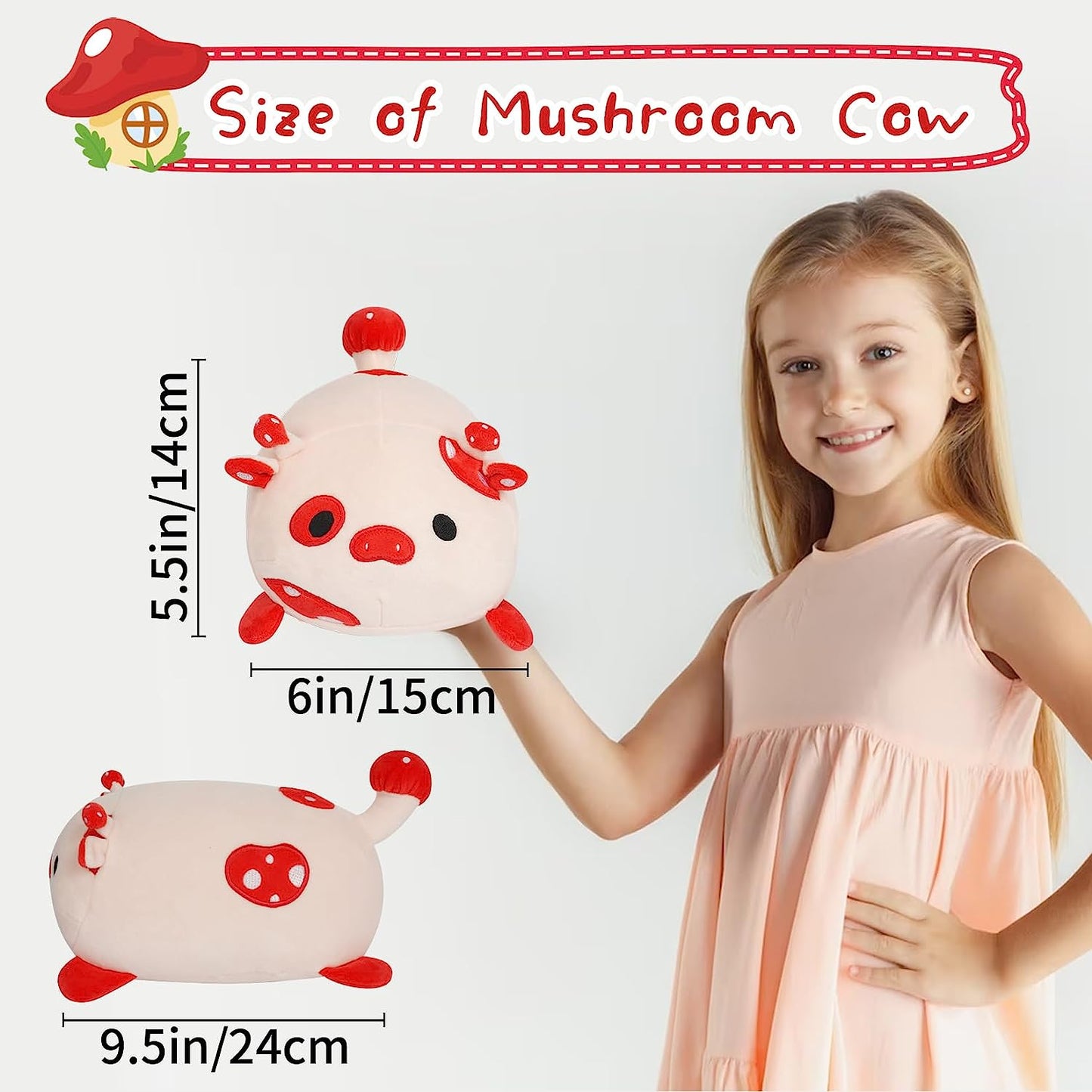 Mushroom Cow Plush Pillow, Cute Mushroom Cow Stuffed Animals Cow Plushies, Soft Mushroom Plush Cow Pillow Kawaii Stuffed Cow Plush Doll Gifts for Kids Girls Boys Birthday