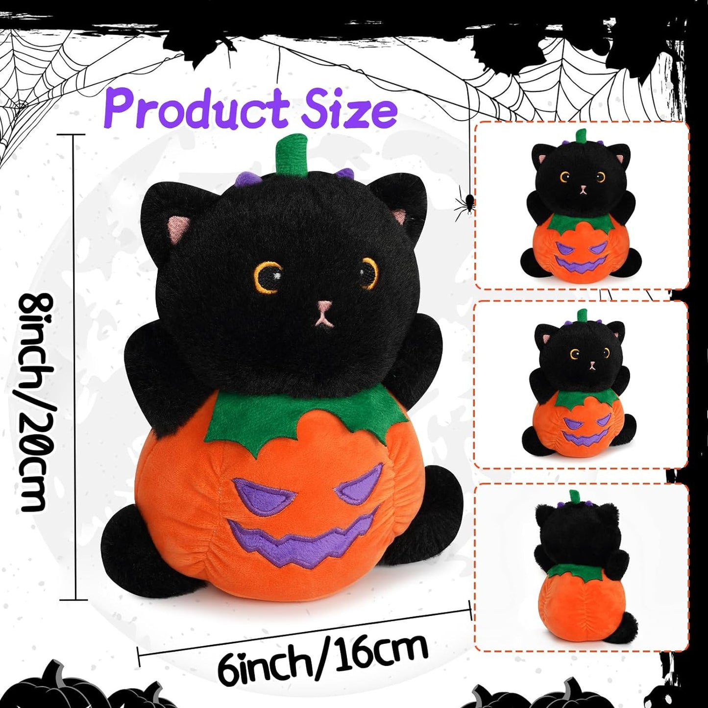 Black Cat Plush Halloween Pulsh, 8 inch Cute Pumpkin Pillow Halloween Stuffed Animals, Kawaii Black Cat Plush Pillow, Halloween Decoration Soft Cat Plush Toys for Kids