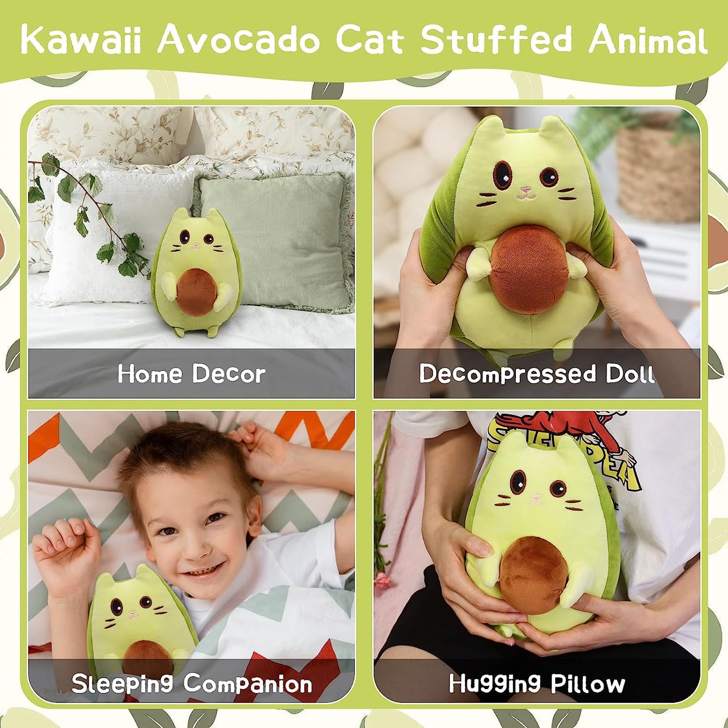 Almohada de aguacate de animales de peluche de aguacate, lindo juguete de peluche de aguacate y gato, muñeca de peluche de aguacate verde Kawaii, almohada de felpa de gato verde suave regalo para niños y niñas