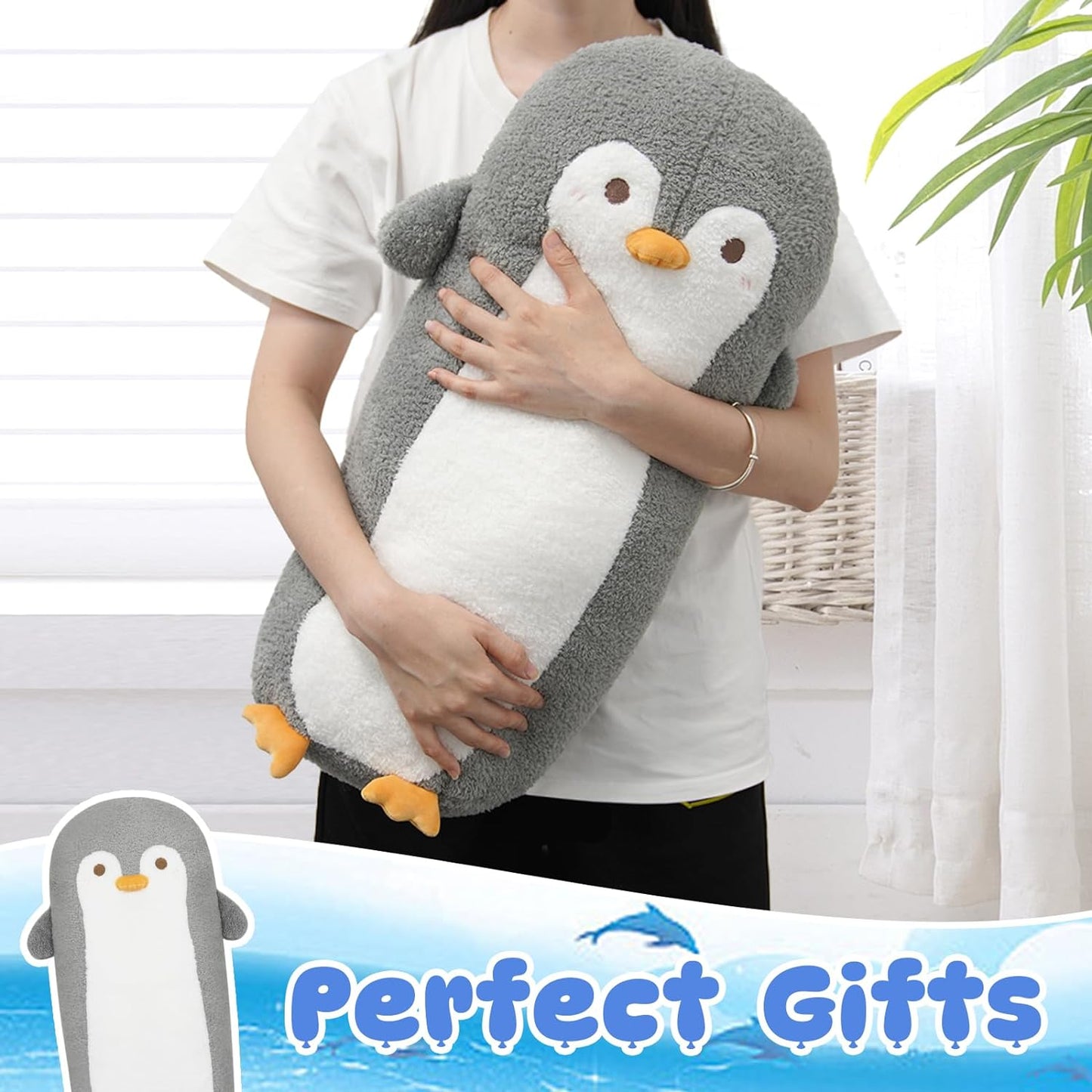 Long Penguin Plush Body Pillow, Cute Cartoon Penguin Stuffed Animals Doll, Soft Long Penguin Plush Toys, Kawaii Stuffed Penguin Plushie Throw Pillow Gift for Kids Boys Girls