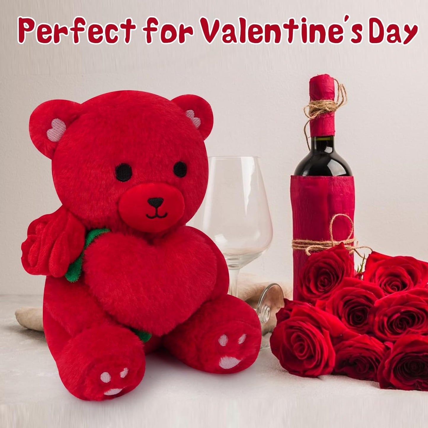 Oso de peluche de peluche de oso rojo, con rosa, lindo oso de peluche rojo para el día de San Valentín, oso de peluche suave, regalo para novia, novio, esposa y niños