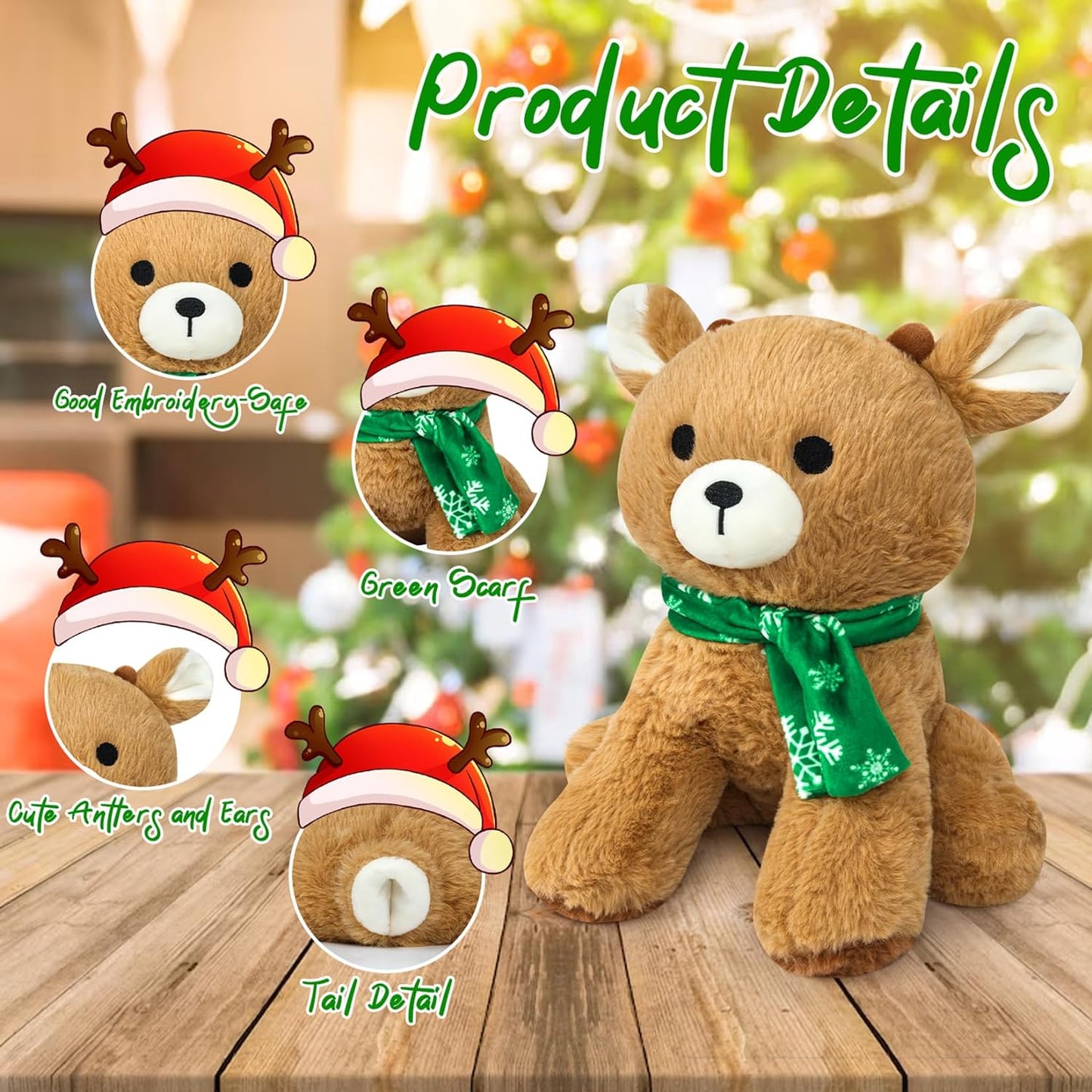 Christmas Reindeer Plush, 10inch Cute Deer Plush, Christmas Stuffed Reindeer Plush Toy with Green Scarf, Christmas Plush Toys for Kids Christmas Decor Animals