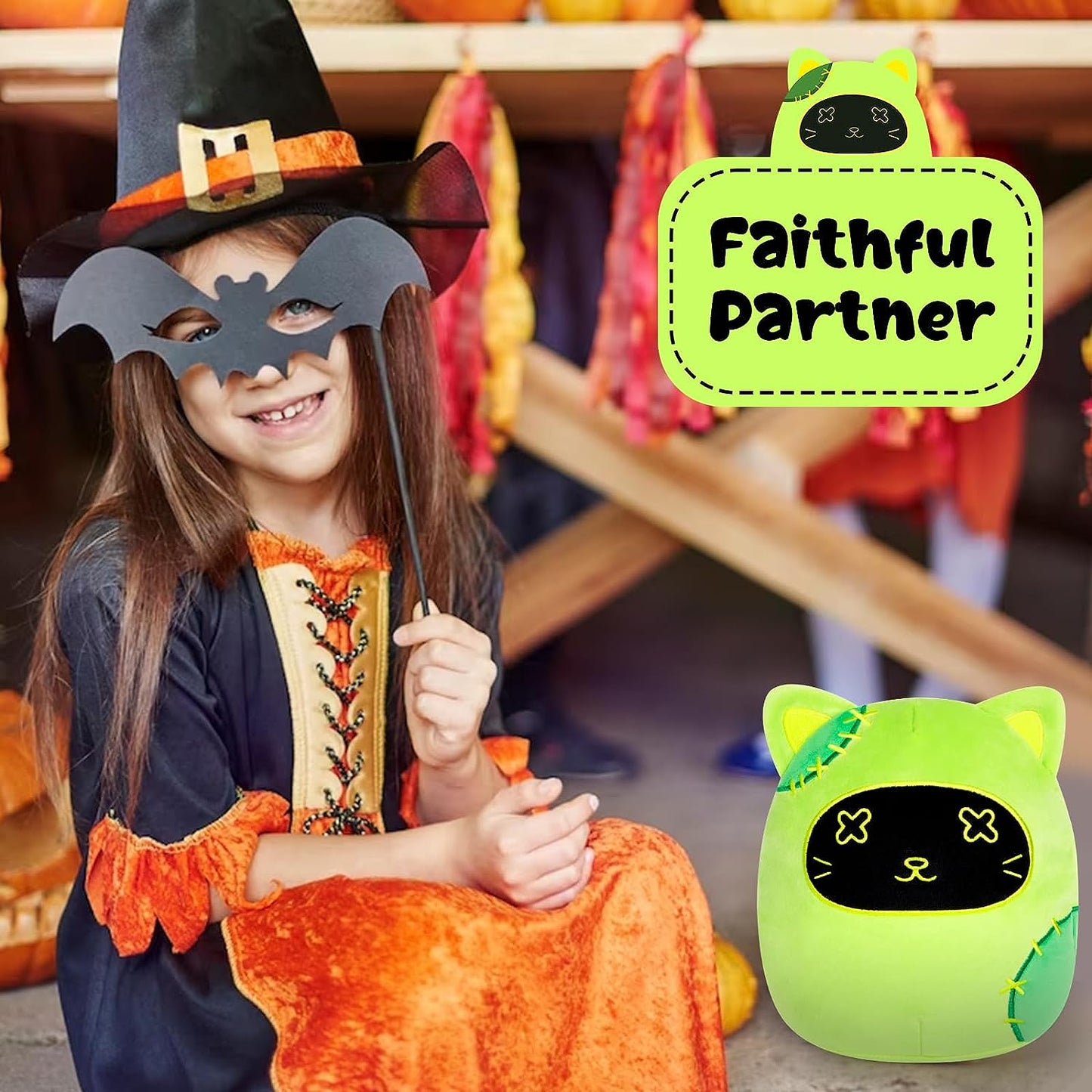 Green Cat Plush, Halloween Cat Plush Doll, Halloween Stuffed Animal Cat Plushie, Kawaii Halloween Plush, Halloween Cat Plush Pillow for Boys Girls