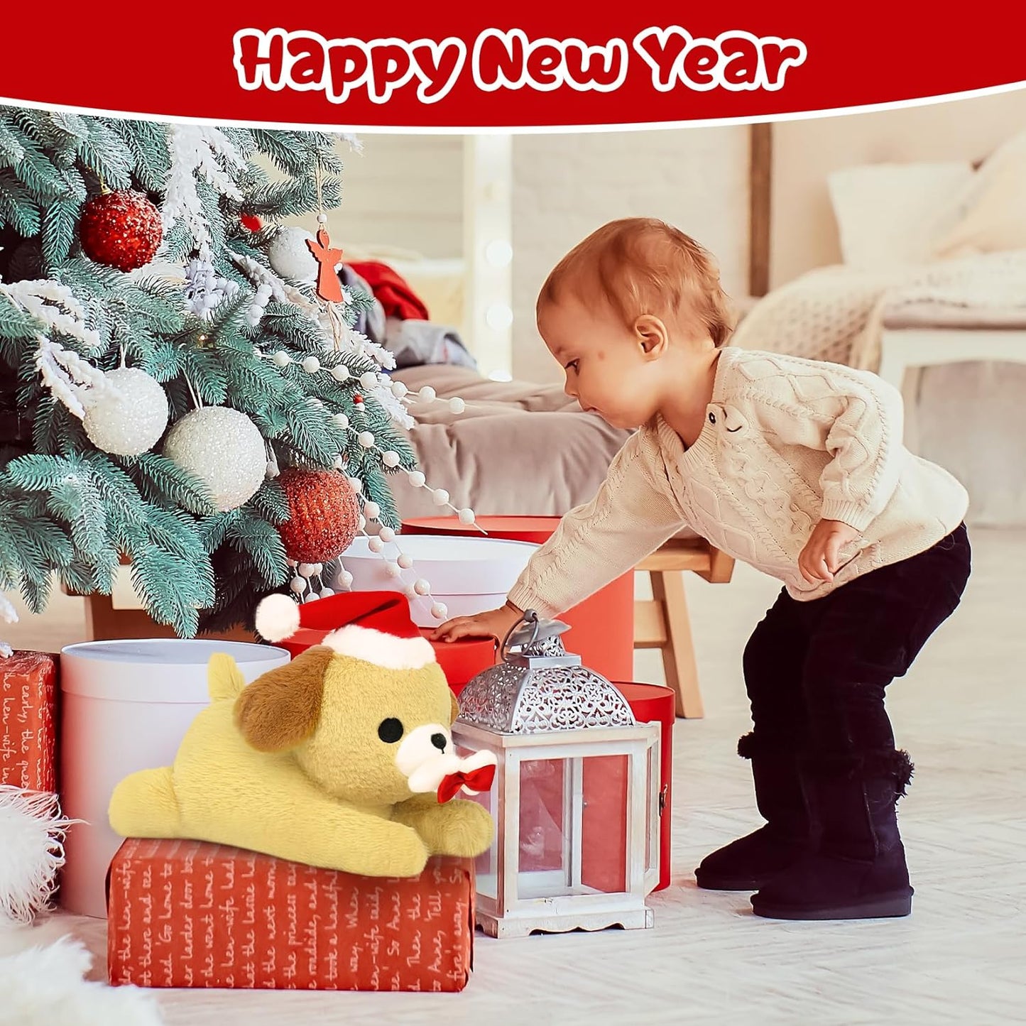 Christmas Dog Plush Dog Stuffed Animal Toy, Soft Puppy Plushie Pillow, Cute Dog Stuffed Doll Toy for Kids Boys Girls Kawaii Christmas Decoration (Beige Dog)