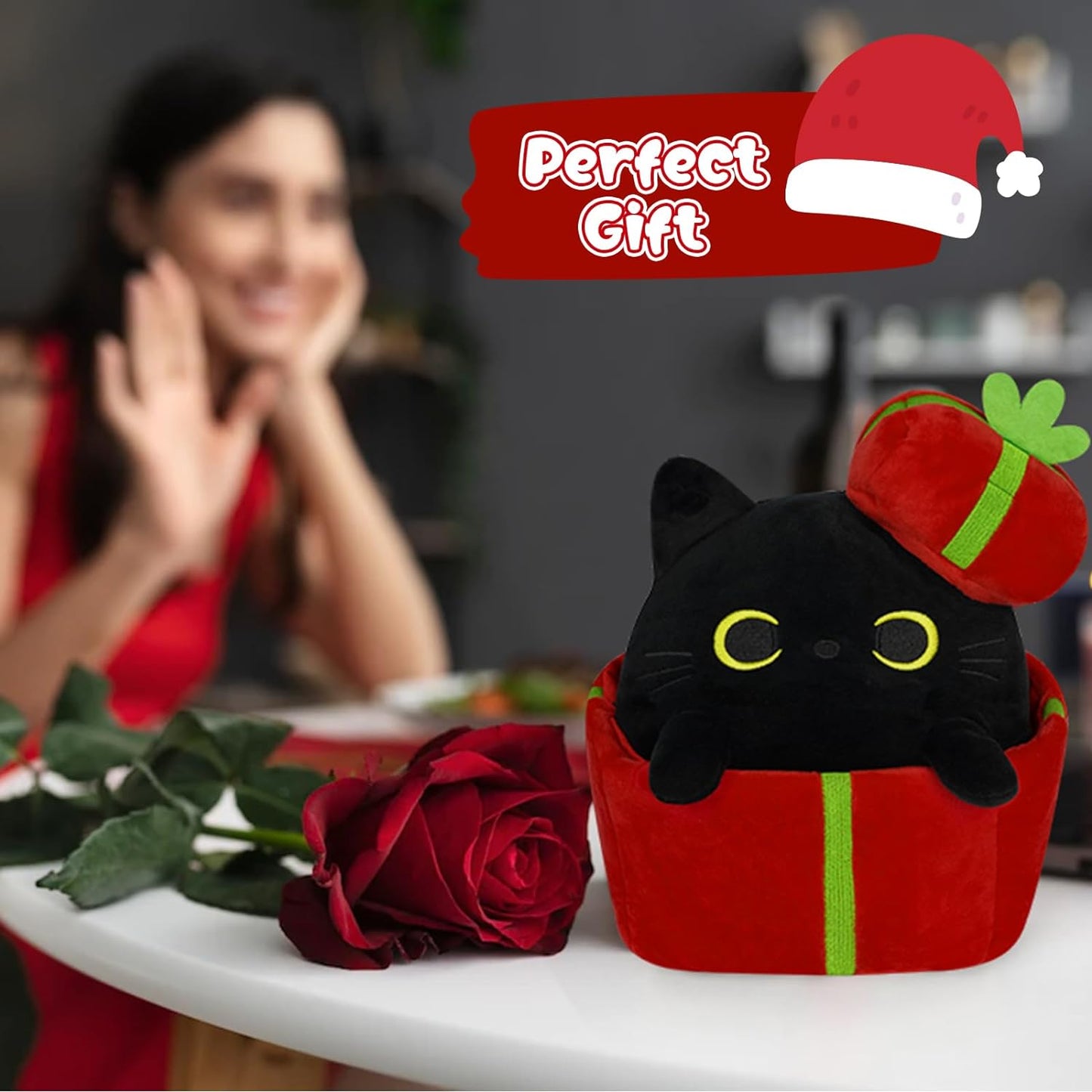 Black Cat Plush Cat Stuffed Animal Toy, Soft Cat Plushie Pillow, Cute Stuffed Black Cat Doll Toy for Kids Boys Girls Kawaii Christmas Decoration (Gift-Box Cat)