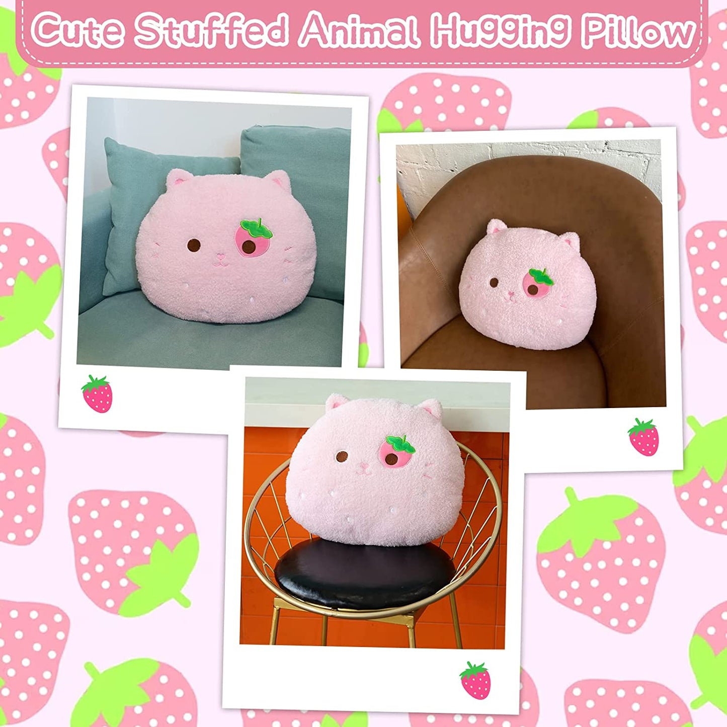Cat Plush Pillow, Soft Cat Hugging Pillow Plush, Strawberry Cat Stuffed Animal, Cute Pink Plush Cat Cuddle Cushion Pillow Kitten Kawaii Stuffy Plushie Gifts for Kids