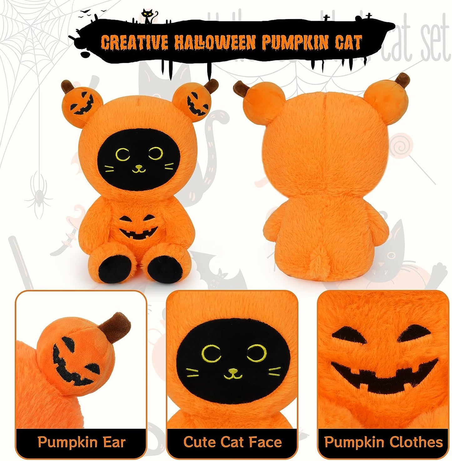 Pumpkin Plush Cat Stuffed Animals, Halloween Black Cat Plushie Cat Plush Pillows, Kawaii Creative Soft Stuffed Cat Toy Halloween Plush Gifts Decorations for Kids Girls Boys