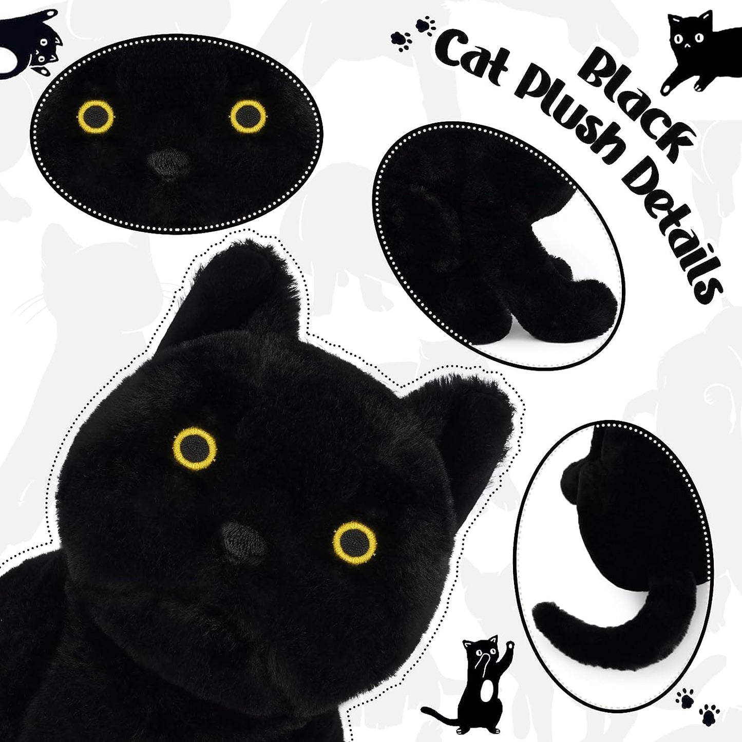 Juguete de peluche de gato negro, suave almohada de peluche de gato negro, lindo juguete de peluche para niños y niñas