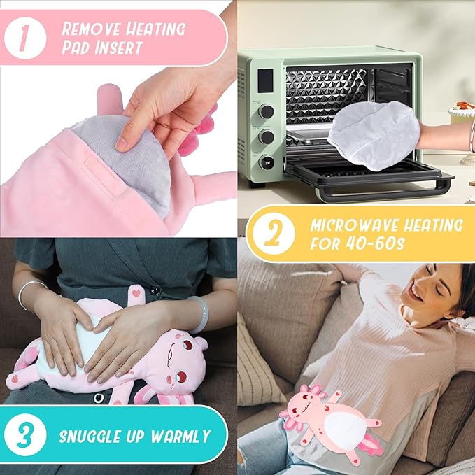 Microwave Heating Pad for Women & Kids, Soft Axolotl Microwavable Period Menstrual Heating Pads, Cute Heatable Warm Stuffed Animal Plush Pillow, Hot & Cold Plushie Toy Gift for Girls