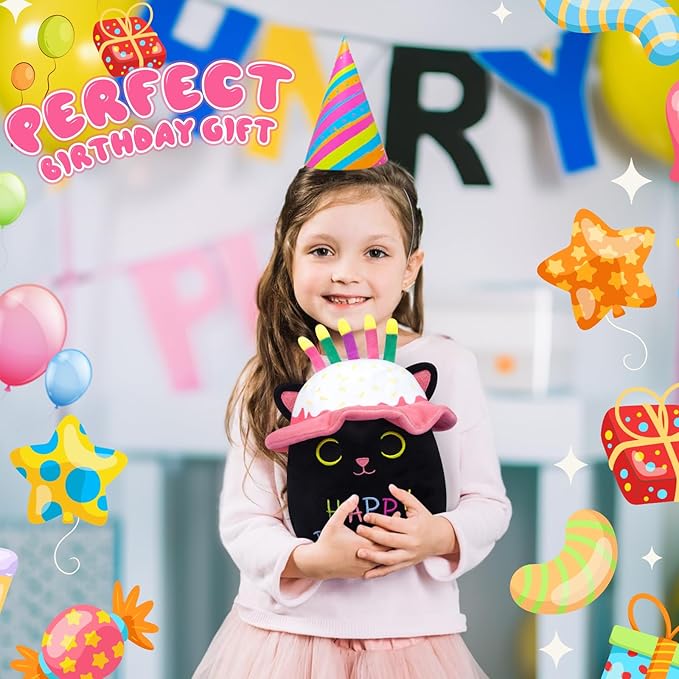 Birthday Cat Plush, 8in Black Cat Plush with Birthday Hats and Candles Cute Plush Toy, Cartoon Cat Stuffed Animal Kawaii Pillow Toy for Boys, Girls, Girlfriend Birthday Gift