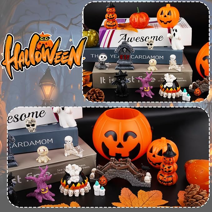 Halloween Mini Resin Figures, 12 Pcs Resin Animal Little Halloween Decor, Small Figures to Hide Ghost Pumpkin Miniatures Bulk for Party Dollhouse Village Garden Decor