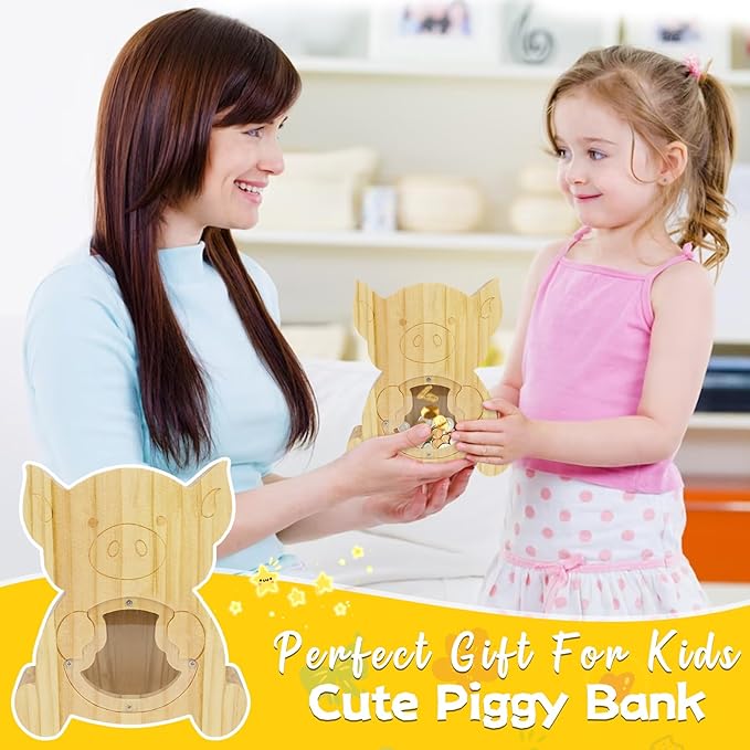Wooden Piggy Bank for Kids, Clear Piggy Bank with Acrylic Window Cute Coin Bank Boys Girls Piggy Bank, Home Decoration Birthday for Kids Building Money Habits