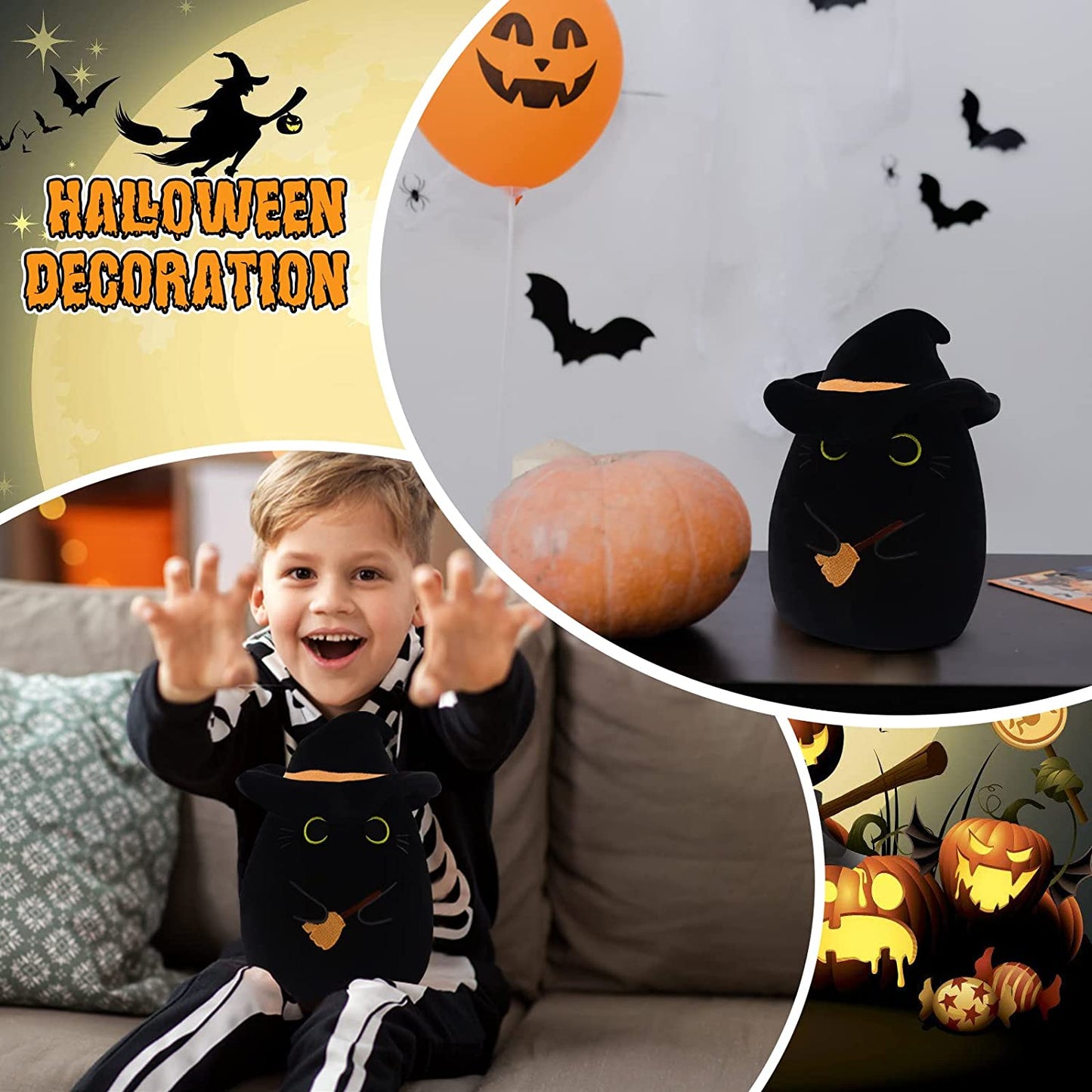Black Cat Pillow Black Cat Plush Toy, Soft Halloween Plush Cat Toy with Hat, Cute Halloween Plush Witch Black Cat Doll, Kawaii Halloween Witch Cat Plush Gift for Kids Boys Girls