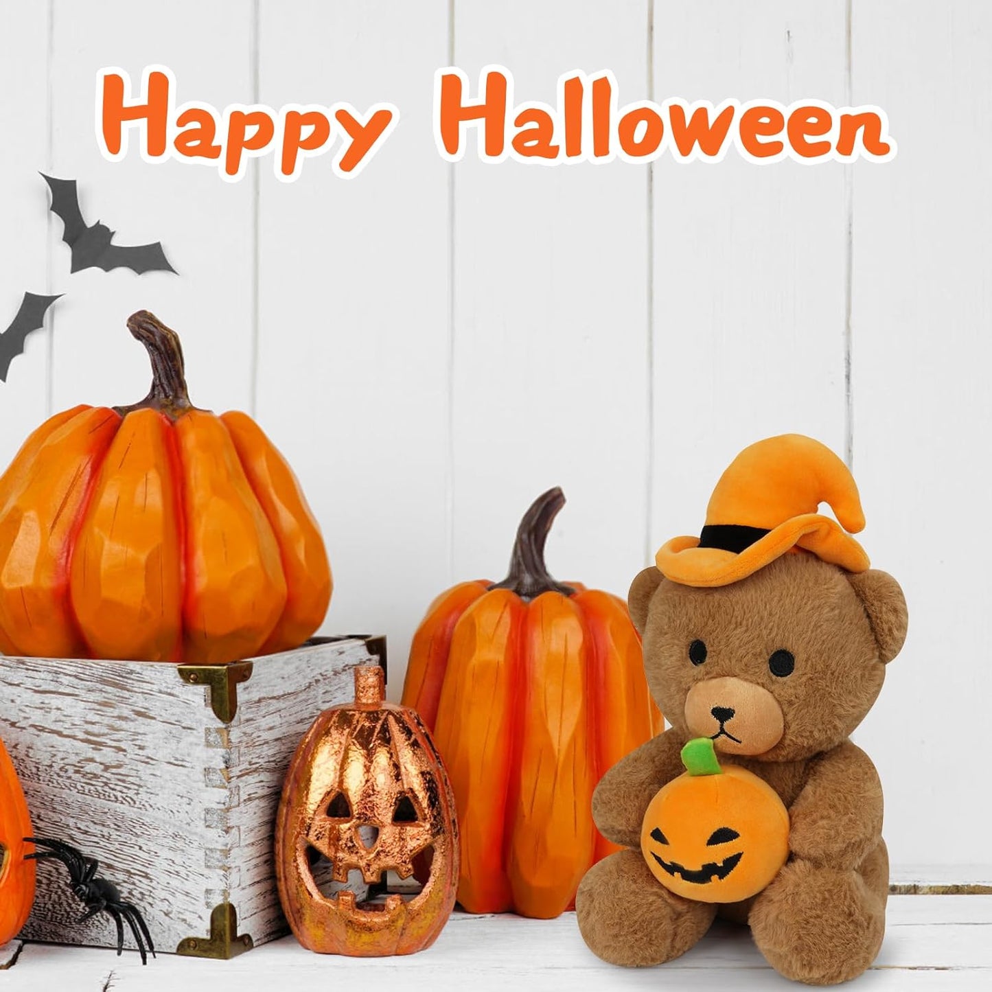 Teddy Bear Stuffed Animal, 8.6 inch Halloween Teddy Bear Hugging Pumpkin, Cute Teddy Bear Plush Toys with Hat, Halloween Decoration Gifts for Adults Children, Brown