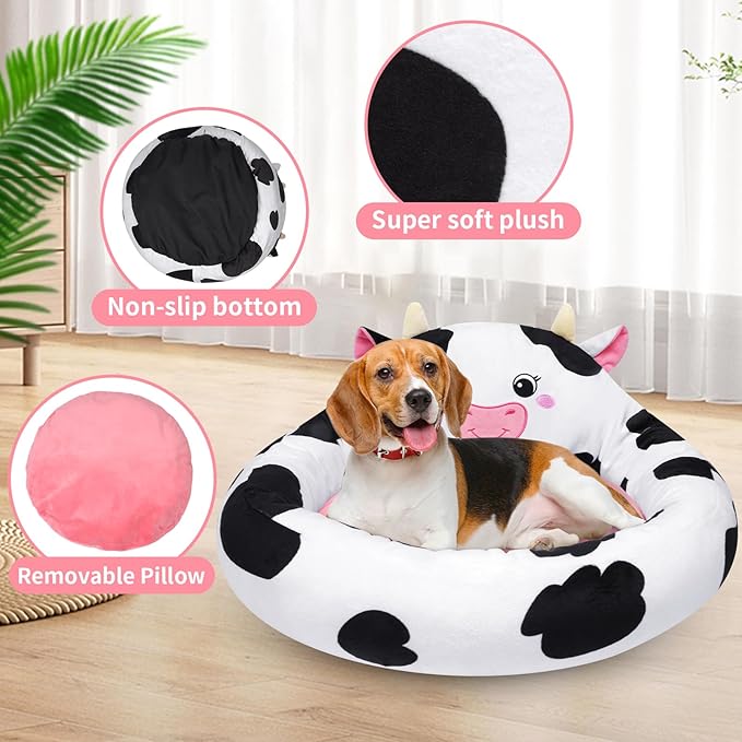 Cow Pet Bed, Cow Dog Bed & Cat Bed, Super Soft Dog Bed for Medium Dogs, Non-Slip Bottom, Washable Round Plush Pet Bed for Small Medium Dogs and Cats