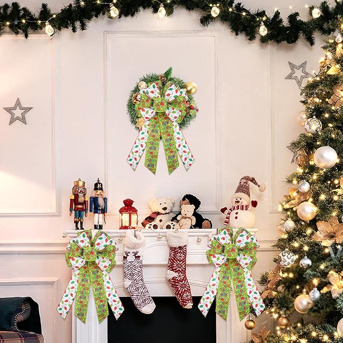 Christmas Bows for Wreath, Christmas Bow Tree Topper Elf Green Xmas Bow, Indoor Outdoor New Year Christmas Tree Bows for Home Front Door Party Garden Wedding 20 X 10 Inch