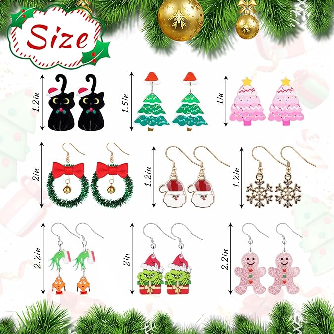 9 Pairs Christmas Earrings for Women,Christmas Jewelry for Women,Christmas Tree Cat Snowflakes Wreath Santa Earrings,Christmas Accessories Decorations